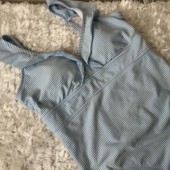 Blue White Seersucker 1 Piece Swimsuit Ruffle Strap Sz ? XL - Picture 3 of 8